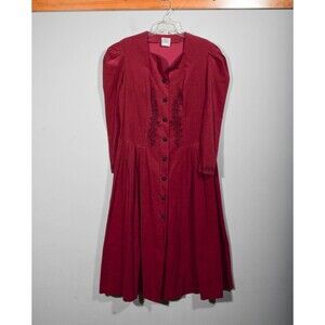 VTG 80s Laura Ashley GB Burgundy Corduroy Puffed Sleeve Cottagecore Dress Sz 14